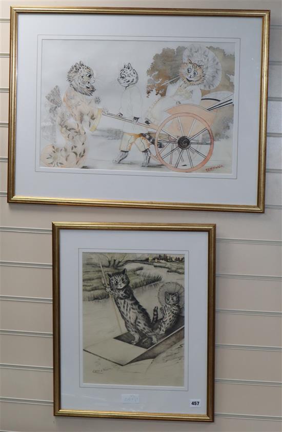 After Louis Wain, two ink and watercolour drawings, Cats punting and in a carriage largest 36 x 54cm